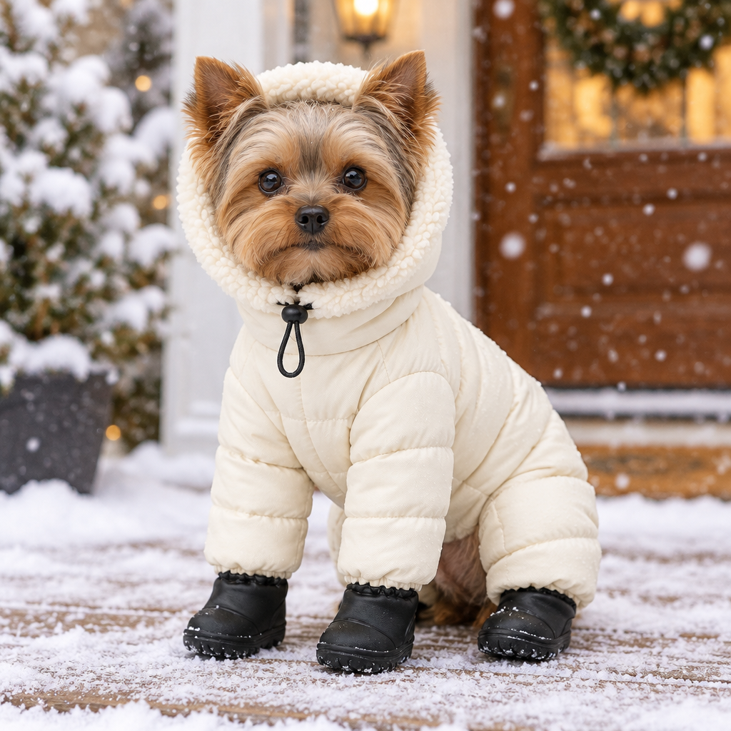Dog wearing FrostyPaws winter jacket in snow