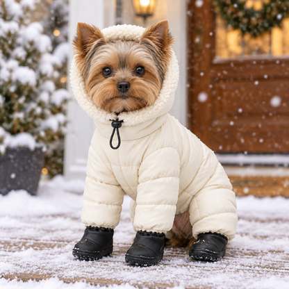 Dog wearing FrostyPaws winter jacket in snow
