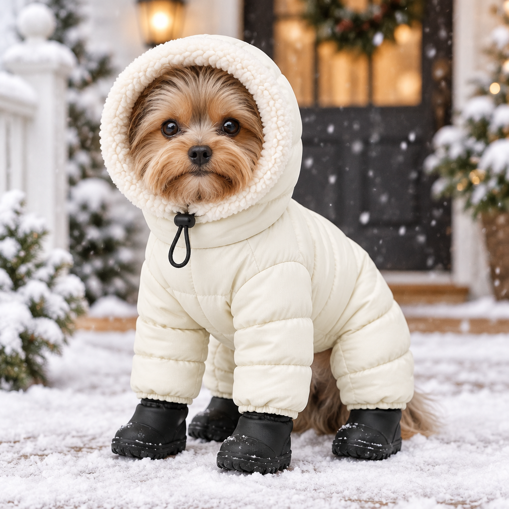 Yorkie wearing FrostyPaws winter jacket standing in snow
