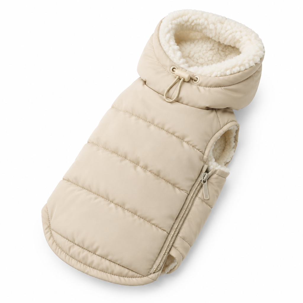 FrostyPaws Winter Dog Jacket - cream beige puffer with sherpa hood