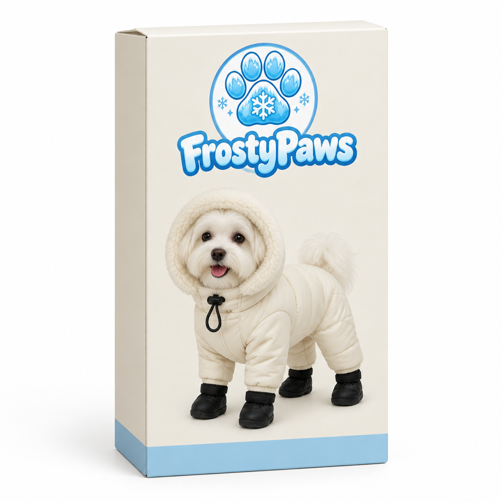 FrostyPaws gift box packaging with Maltese dog in jacket